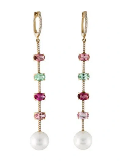 Pre-owned Earrings 14k Pearl, Tourmaline & Diamond Drop  In Multi