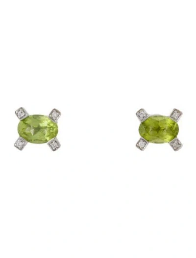 Pre-owned Earrings 14k Peridot & Diamond Stud  In Multi