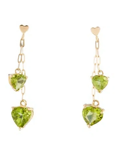 Pre-owned Earrings 14k Peridot Double Heart Drop  In Multi