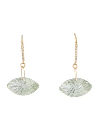 Pre-owned Earrings 14k Prasiolite & Diamond Drop  In Multi