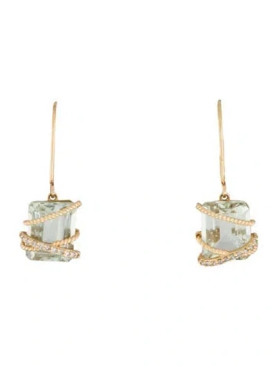 Pre-owned Earrings 14k Prasiolite & Diamond Drop  In Multi