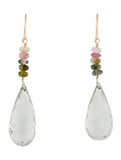 Pre-owned Earrings 14k Prasiolite & Tourmaline Drop  In Multi
