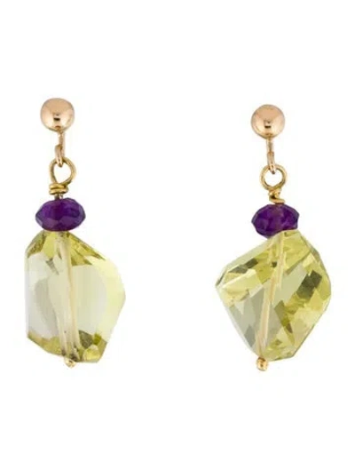 Pre-owned Earrings 14k Quartz & Amethyst Drop  In Multi