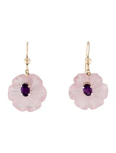 Pre-owned Earrings 14k Rose Quartz & Amethyst Flower Drop  In Multi