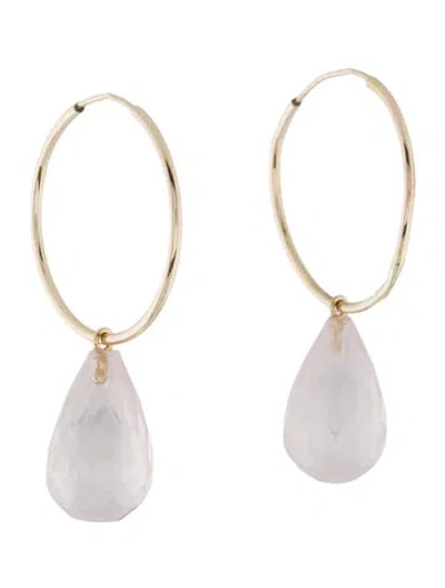 Pre-owned Earrings 14k Rose Quartz Drop Hoop  In Multi