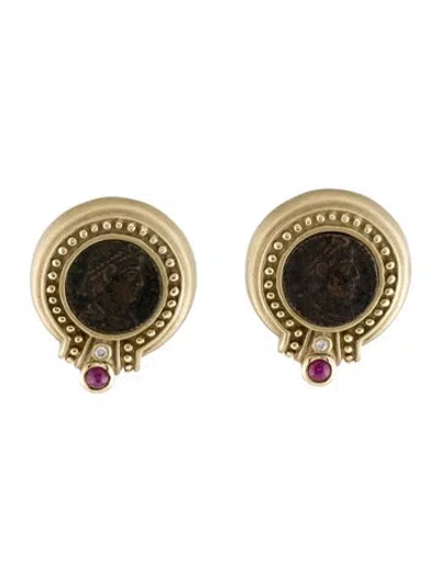 Pre-owned Earrings 14k Ruby & Diamond Coin Earclips In Multi