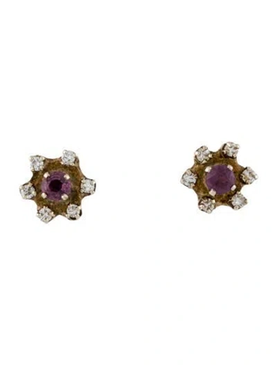 Pre-owned Earrings 14k Ruby & Diamond Flower Stud  In Multi