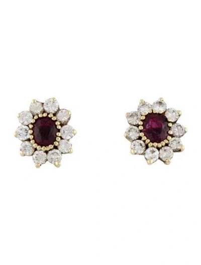 Pre-owned Earrings 14k Ruby & Diamond Halo Studs In Multi