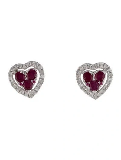 Pre-owned Earrings 14k Ruby & Diamond Heart Stud  In Multi