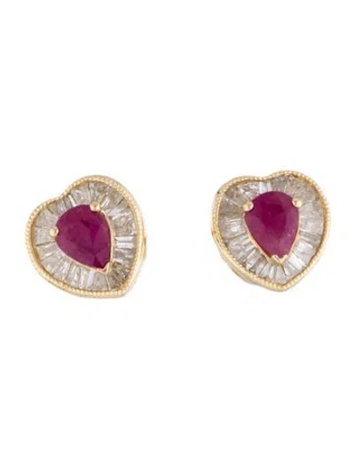 Pre-owned Earrings 14k Ruby & Diamond Heart Stud  In Multi