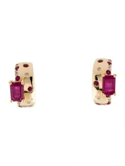 Pre-owned Earrings 14k Ruby & Diamond Hoop & Stud  In Multi