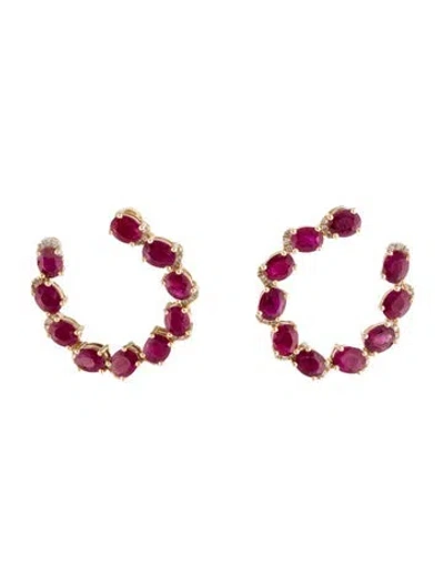 Pre-owned Earrings 14k Ruby & Diamond Hoop Drop  In Multi