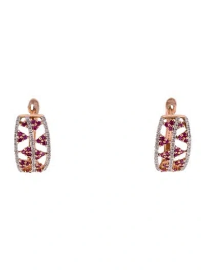 Pre-owned Earrings 14k Ruby & Diamond Hoop  In Multi