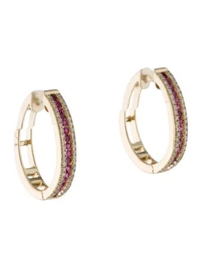 Pre-owned Earrings 14k Ruby & Diamond Hoop  In Multi