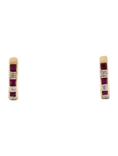Pre-owned Earrings 14k Ruby & Diamond Hoop  In Multi