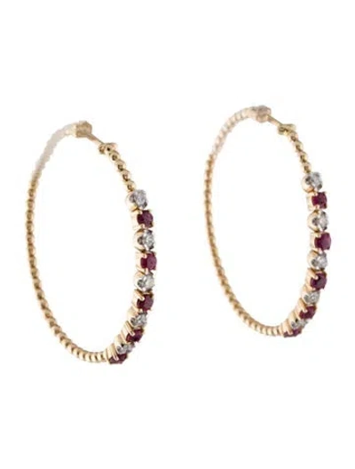 Pre-owned Earrings 14k Ruby & Diamond Hoop  In Multi