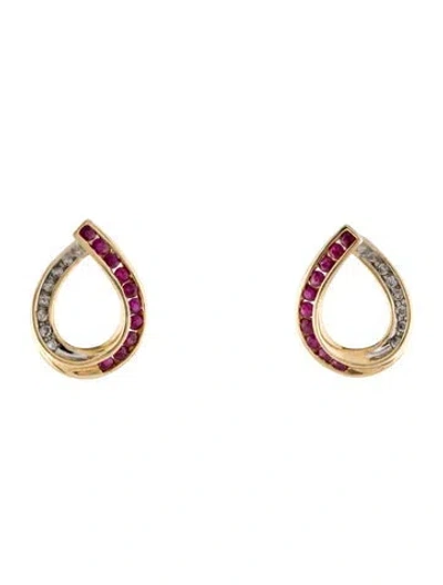 Pre-owned Earrings 14k Ruby & Diamond Hoop  In Multi