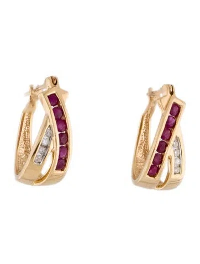 Pre-owned Earrings 14k Ruby & Diamond Hoop  In Multi