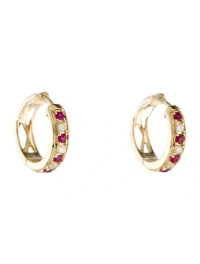Pre-owned Earrings 14k Ruby & Diamond Huggies In Multi