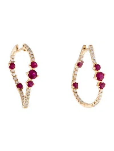 Pre-owned Earrings 14k Ruby & Diamond Inside-out Hoop  In Multi
