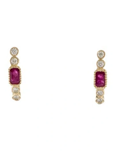 Pre-owned Earrings 14k Ruby & Diamond J-hoop Drop  In Multi