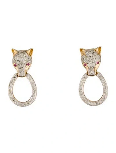 Pre-owned Earrings 14k Ruby & Diamond Panthere Door Knocker Clip-on  In Multi