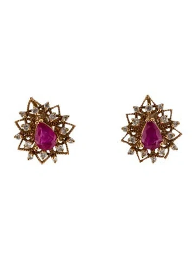 Pre-owned Earrings 14k Ruby & Diamond Stud  In Multi