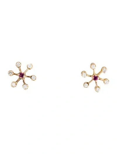 Pre-owned Earrings 14k Ruby & Diamond Stud  In Multi