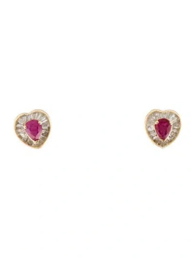 Pre-owned Earrings 14k Ruby & Diamond Stud  In Multi