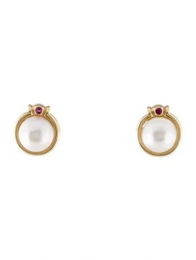 Pre-owned Earrings 14k Ruby & Pearl Stud  In Multi