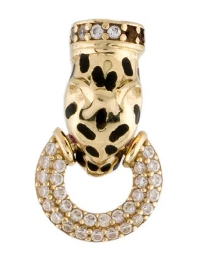 Pre-owned Earrings 14k Ruby, Cubic Zirconia & Enamel Panther Single Drop Earring In Black