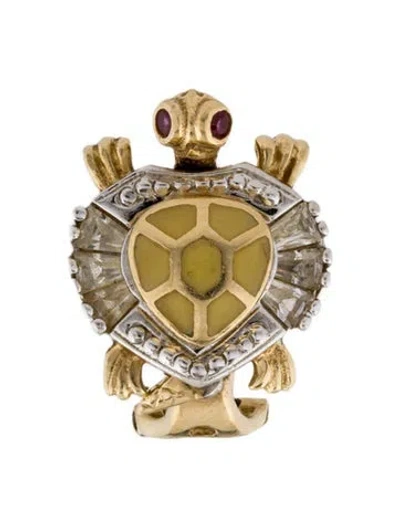 Pre-owned Earrings 14k Ruby, Cubic Zirconia & Enamel Turtle Single Earclip In Multi