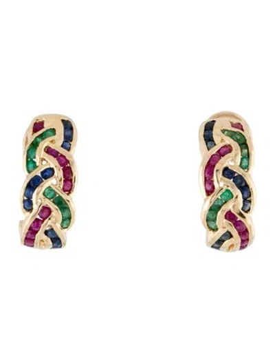 Pre-owned Earrings 14k Ruby, Sapphire & Emerald Braided Earclip  In Multi