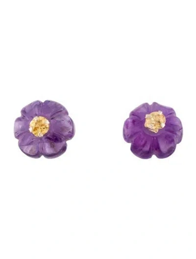 Pre-owned Earrings 14k Sapphire & Amethyst Flower Stud  In Multi
