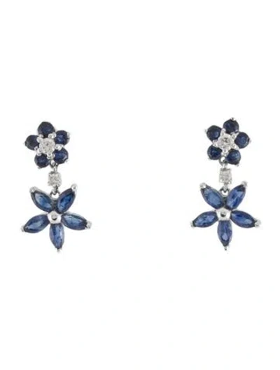 Pre-owned Earrings 14k Sapphire & Diamond Flower Drop  In Multi