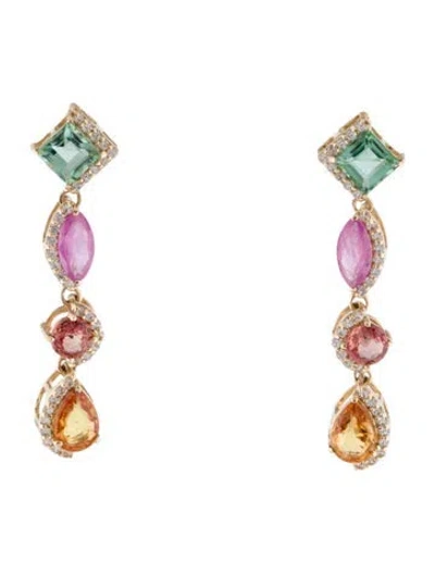 Pre-owned Earrings 14k Sapphire & Tourmaline Drop  In Multi