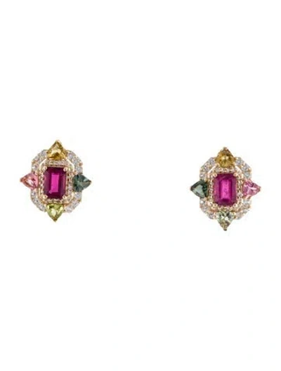 Pre-owned Earrings 14k Sapphire & Tourmaline Stud  In Multi