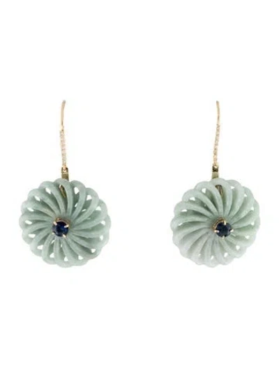 Pre-owned Earrings 14k Sapphire, Jadeite & Diamond Spiral Drop  In Multi