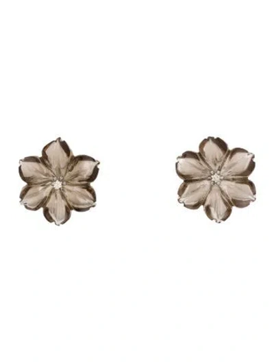 Pre-owned Earrings 14k Smoky Quartz & Diamond Convertible Flower Jacket Stud  In Multi