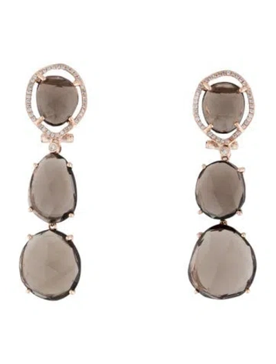 Pre-owned Earrings 14k Smoky Quartz & Diamond Triple Drop  In Multi