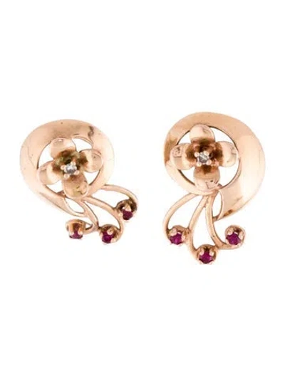 Pre-owned Earrings 14k Synthetic Ruby & Diamond Drop  In Multi