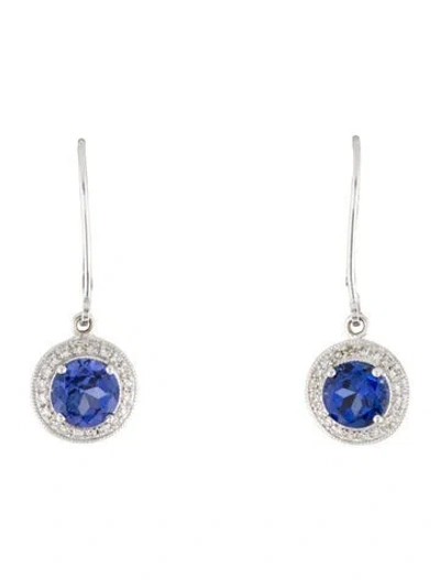 Pre-owned Earrings 14k Synthetic Sapphire & Diamond Drop  In Multi