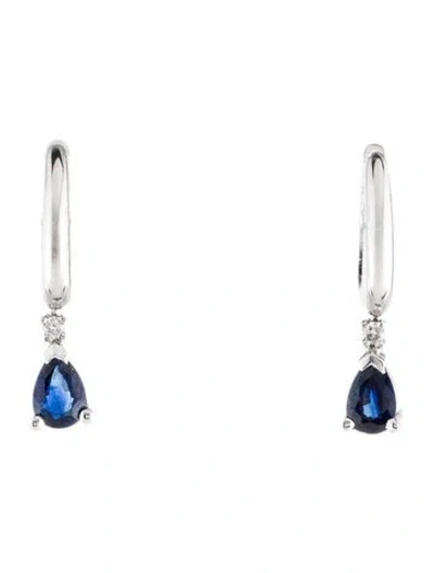 Pre-owned Earrings 14k Synthetic Sapphire & Diamond Huggie Drop  In Multi