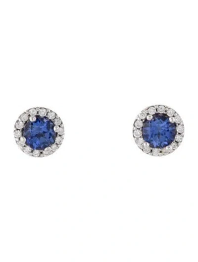 Pre-owned Earrings 14k Synthetic Sapphire & Diamond Stud  In Multi