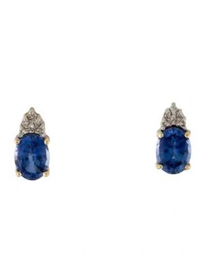 Pre-owned Earrings 14k Synthetic Sapphire & Diamond Stud  In Multi