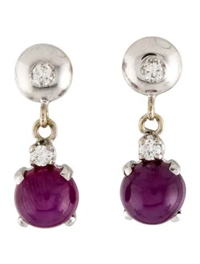 Pre-owned Earrings 14k Synthetic Star Ruby & Diamond Drop  In Multi