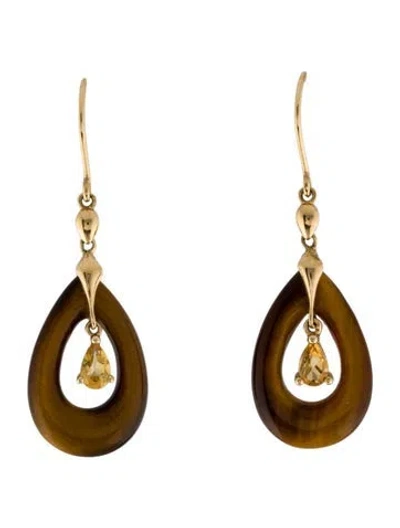 Pre-owned Earrings 14k Tiger's Eye & Citrine Drop  In Multi