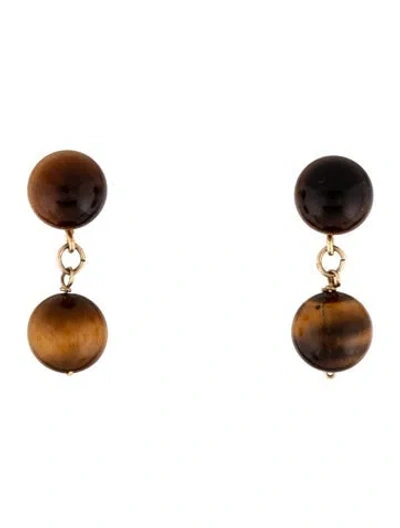 Pre-owned Earrings 14k Tiger's Eye Bead Drop Clip-on  In Multi