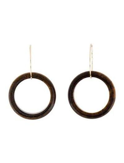 Pre-owned Earrings 14k Tiger's Eye Quartz Carved Drop Hoop  In Multi