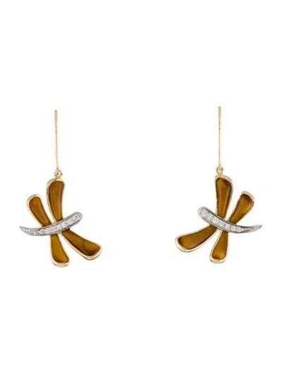 Pre-owned Earrings 14k Tigers Eye Quarts & Diamond Dragonfly Drop  In Multi